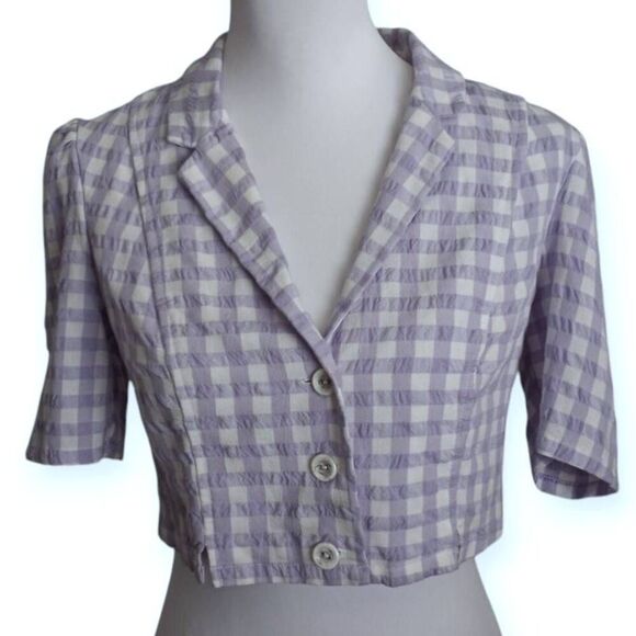 URBAN OUTFITTERS LAVENDER GINGHAM PRINT CROP BUTTON DOWN SHIRT SZ.M EUC. - Picture 1 of 6